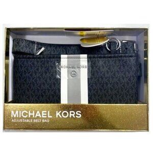 Michael Kors Black Dark Gray Belt Bag Logo Signature NWT Gift Box